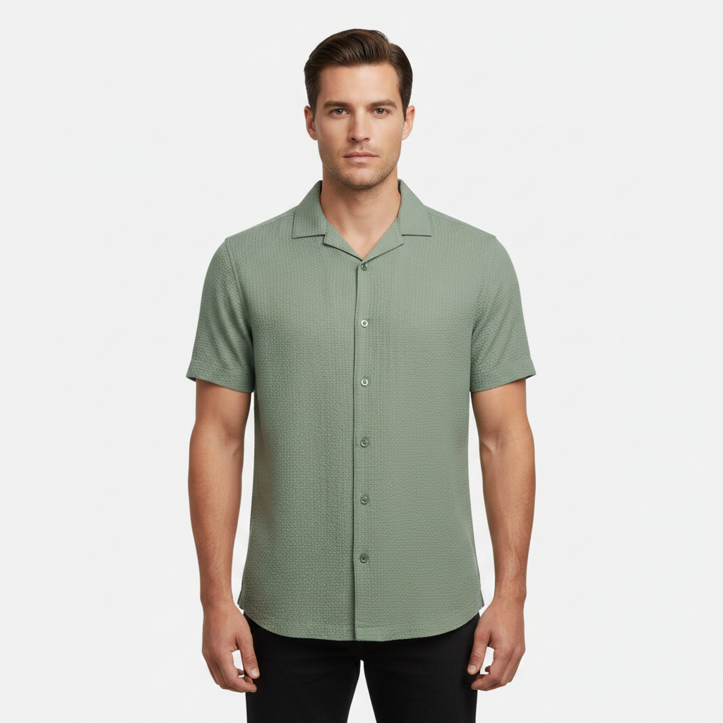 Men Short Sleeve Open Collar Seer Sucker Shirt